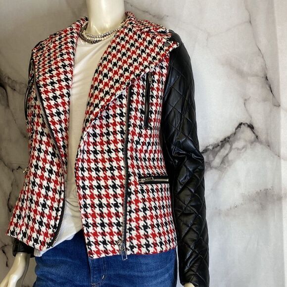 KUT brand red white and black Houndstooth tweed with quilted leather sleeves - Picture 6 of 8
